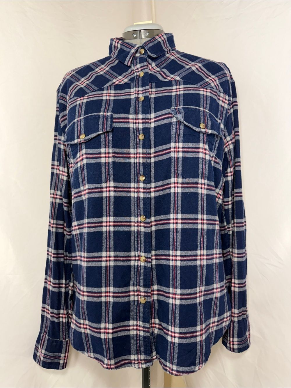 Jacks Girlfriend Navy Plaid Western Pearl Snap Flannel Shirt Paisley XL